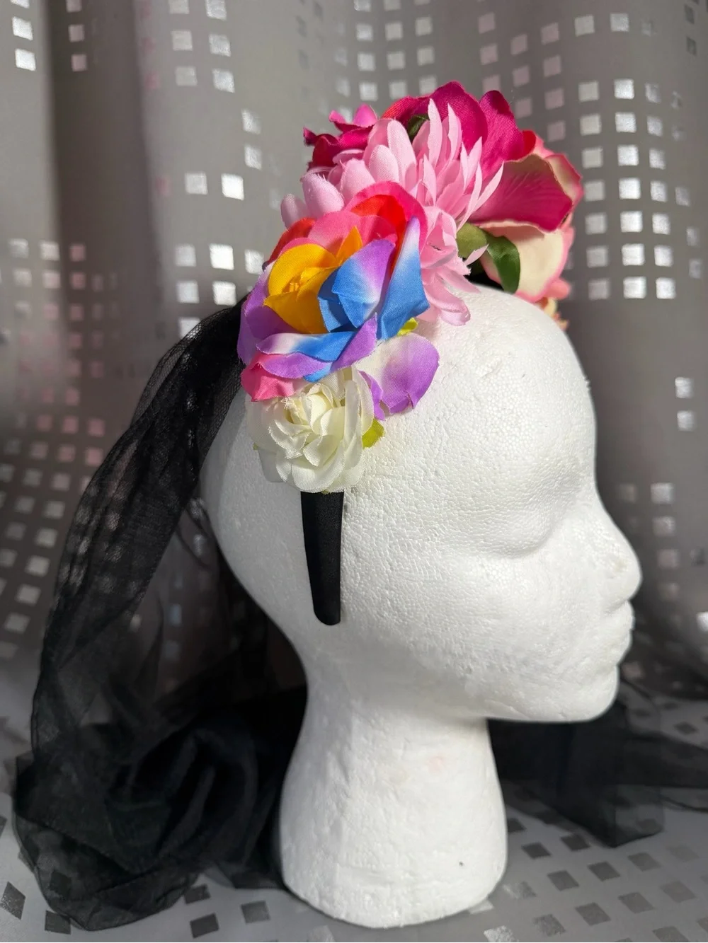 Adult Floral Multicolor Headband with Black Veil